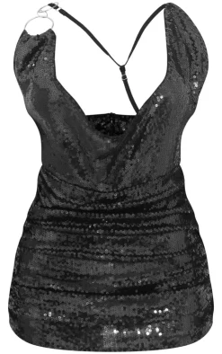 Sequin Cowl Neck Ring Detail Skort Romper-PrettyLittleThing