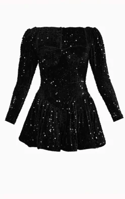 PrettyLittleThing Christmas Party Outfits*Sequin Cup Detail Long Sleeve Skater Romper