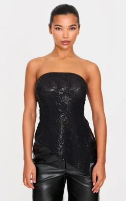 PrettyLittleThing Blouses*Sequin Detail Asymmetric Hem Bandeau Long Top