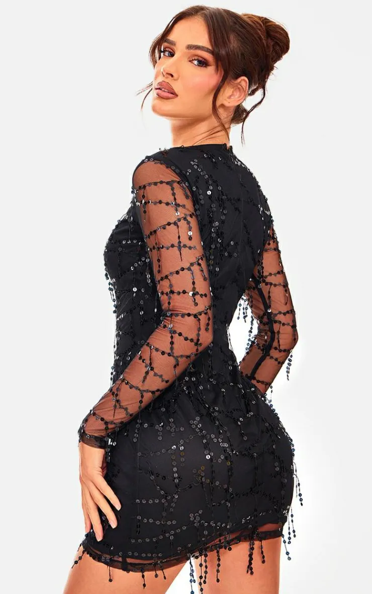 Sequin Detail Long Sleeve Mini Dress-PrettyLittleThing Hot