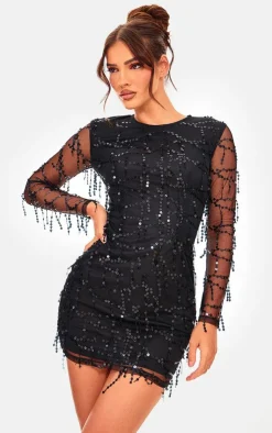 Sequin Detail Long Sleeve Mini Dress-PrettyLittleThing Hot