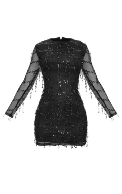 Sequin Detail Long Sleeve Mini Dress-PrettyLittleThing Hot