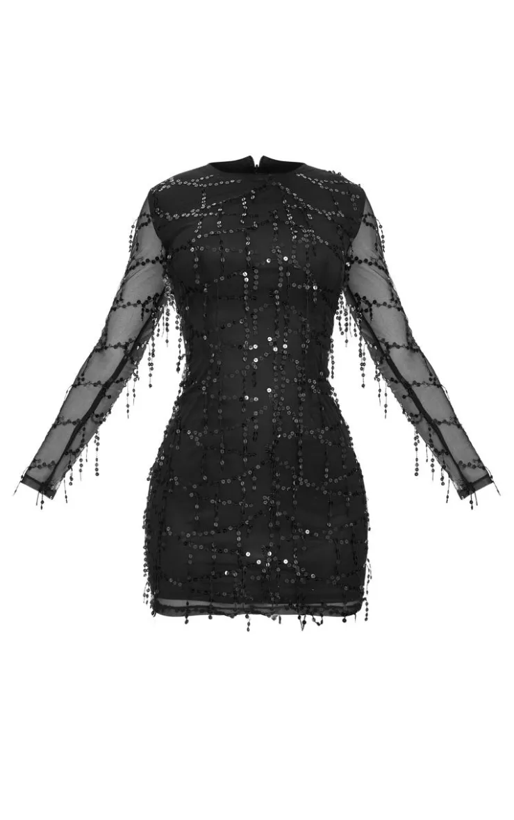 Sequin Detail Long Sleeve Mini Dress-PrettyLittleThing Hot