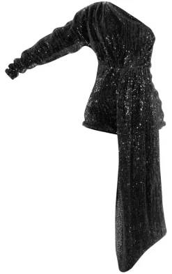 Black Sequin Drape Detail One Sleeve Romper