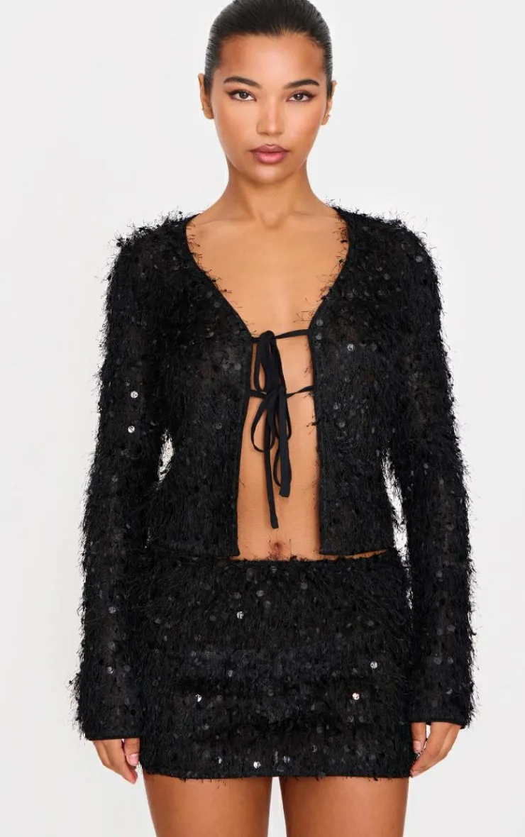 Best PrettyLittleThing Sequin Eyelash Micro Mini Skirt Black