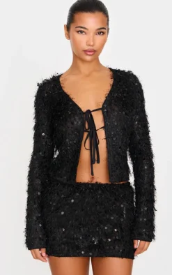 Sale PrettyLittleThing Sequin Eyelash Tie Plunge Top Black