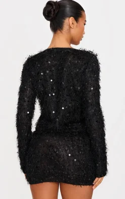 Sale PrettyLittleThing Sequin Eyelash Tie Plunge Top Black