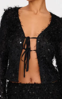 Sale PrettyLittleThing Sequin Eyelash Tie Plunge Top Black