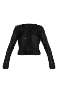 Sale PrettyLittleThing Sequin Eyelash Tie Plunge Top Black