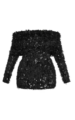 Sequin Feather Bardot Long Sleeve Mini Dress-PrettyLittleThing