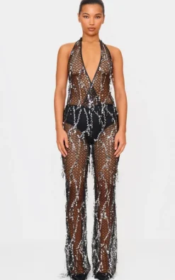 Sequin Fishnet Halterneck Jumpsuit-PrettyLittleThing Clearance