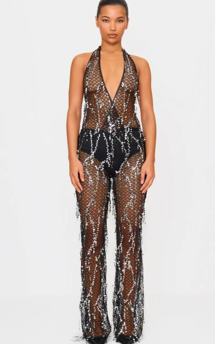 Sequin Fishnet Halterneck Jumpsuit-PrettyLittleThing Clearance