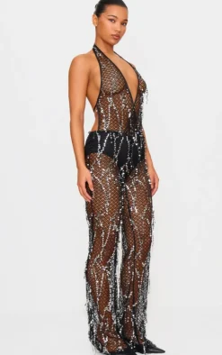 Sequin Fishnet Halterneck Jumpsuit-PrettyLittleThing Clearance