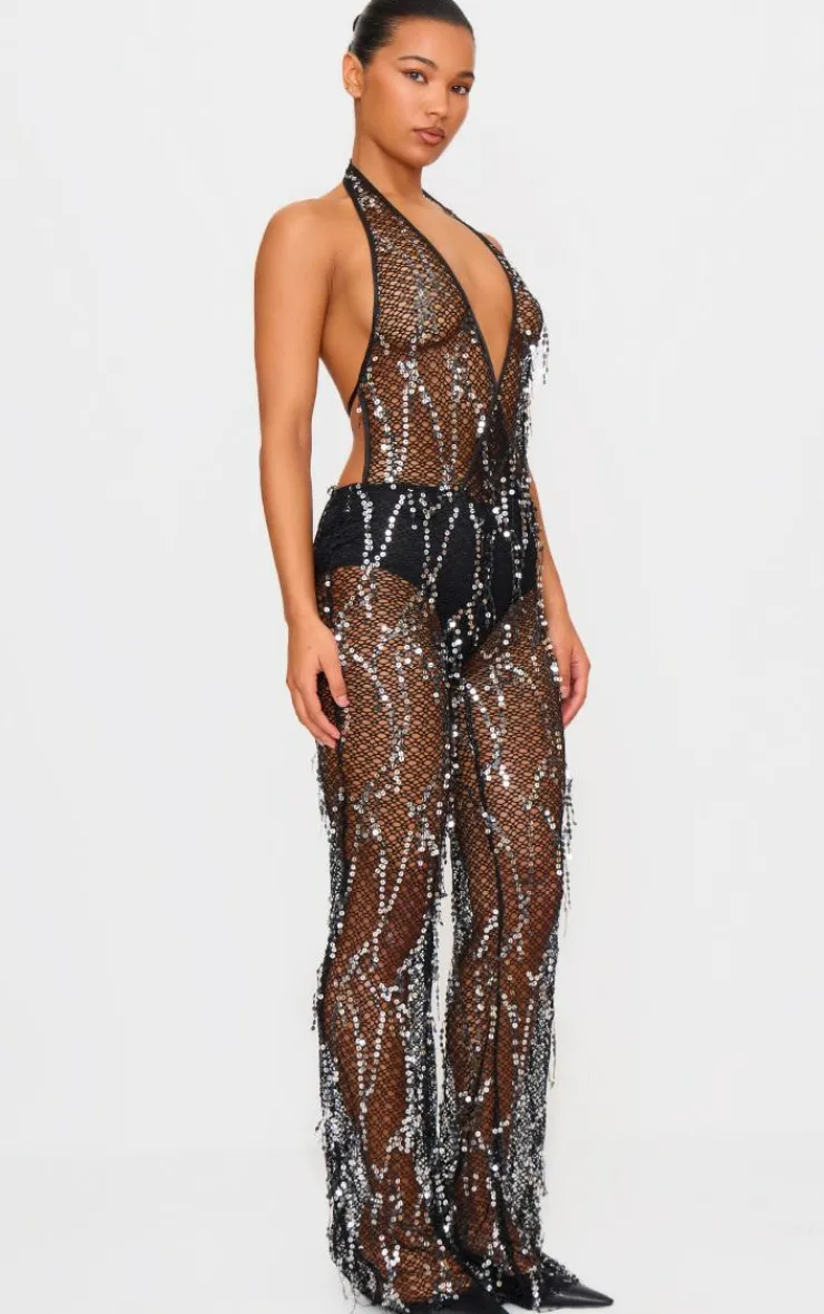 Sequin Fishnet Halterneck Jumpsuit-PrettyLittleThing Clearance