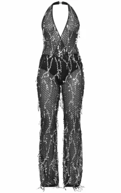 Sequin Fishnet Halterneck Jumpsuit-PrettyLittleThing Clearance