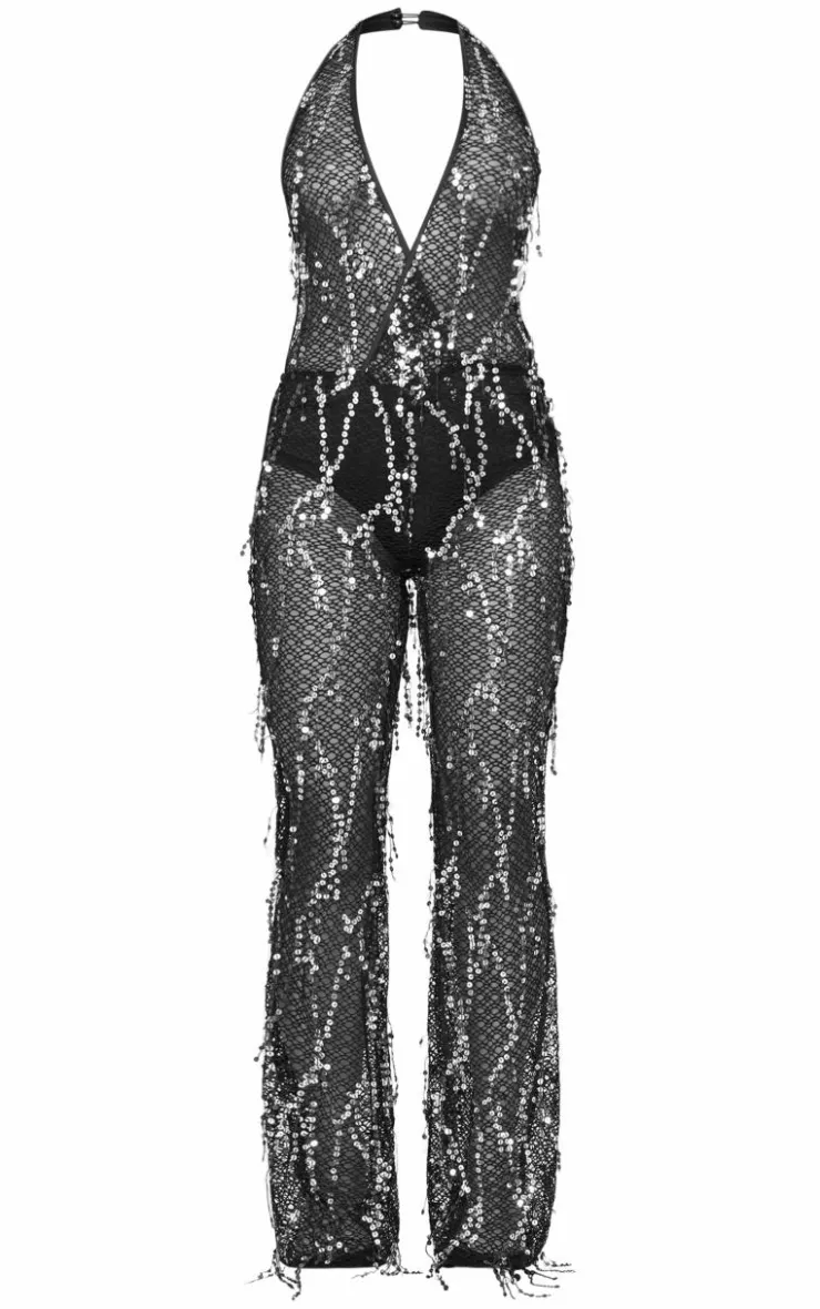 Sequin Fishnet Halterneck Jumpsuit-PrettyLittleThing Clearance