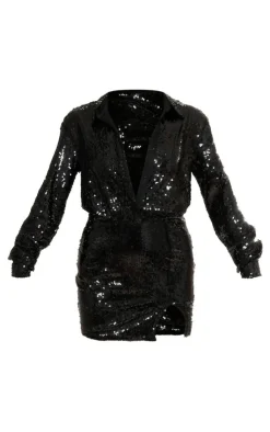 Sequin Fitted Shirt Dress-PrettyLittleThing Clearance