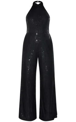 Sequin Halterneck Flared Backless Jumpsuit-PrettyLittleThing Discount