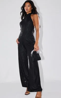 Sequin Halterneck Flared Backless Jumpsuit-PrettyLittleThing Discount