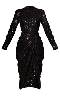 Sequin High Neck Draped Midi Dress-PrettyLittleThing Sale