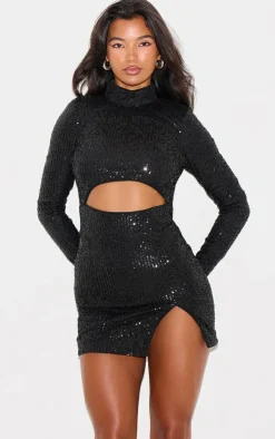 Sequin High Neck Long Sleeve Cut Out Split Hem Bodycon Dress-PrettyLittleThing Discount