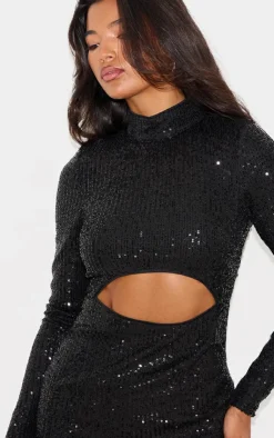 Sequin High Neck Long Sleeve Cut Out Split Hem Bodycon Dress-PrettyLittleThing Discount
