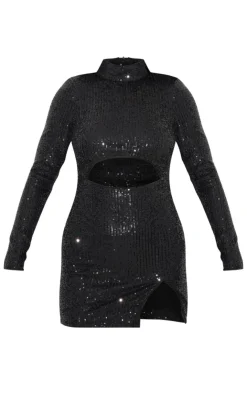Sequin High Neck Long Sleeve Cut Out Split Hem Bodycon Dress-PrettyLittleThing Discount