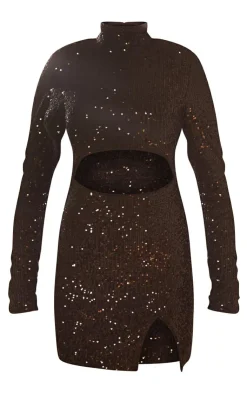 Sequin High Neck Long Sleeve Cut Out Split Hem Bodycon Dress-PrettyLittleThing Discount