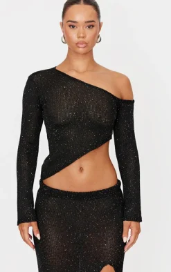 New PrettyLittleThing Sequin Knit Asymmetric Long Sleeve Crop Top Black