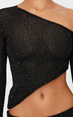 New PrettyLittleThing Sequin Knit Asymmetric Long Sleeve Crop Top Black