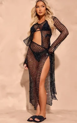Discount PrettyLittleThing Sequin Knit Beach Sarong Black