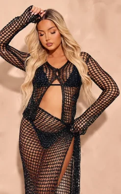 Discount PrettyLittleThing Sequin Knit Beach Shirt Black