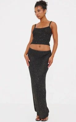New PrettyLittleThing Sequin Knit Maxi Skirt Black