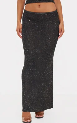 New PrettyLittleThing Sequin Knit Maxi Skirt Black