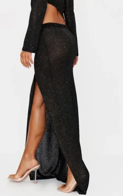 Hot PrettyLittleThing Sequin Knit Side Split Maxi Skirt Black