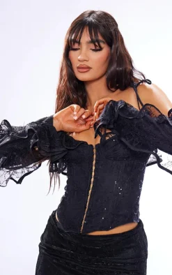 PrettyLittleThing Corsets*Sequin Lace Detail Boned Bardot Corset