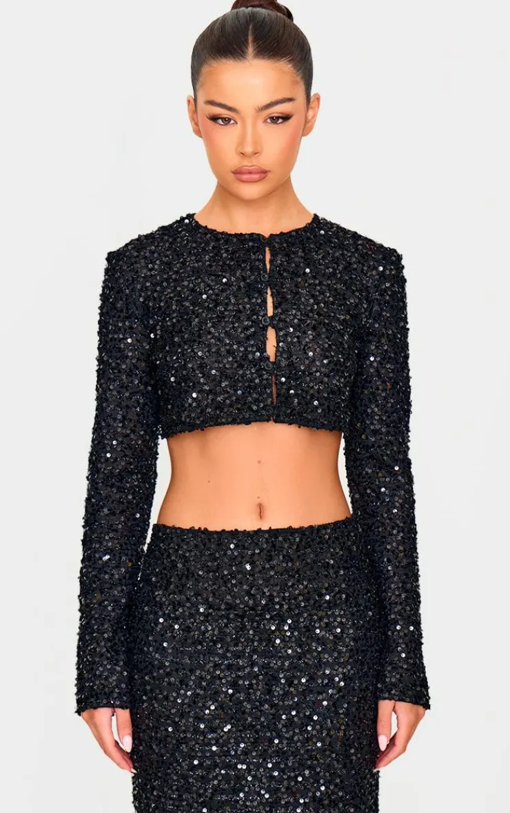 Best PrettyLittleThing Sequin Long Sleeve Button Up Cardigan Black