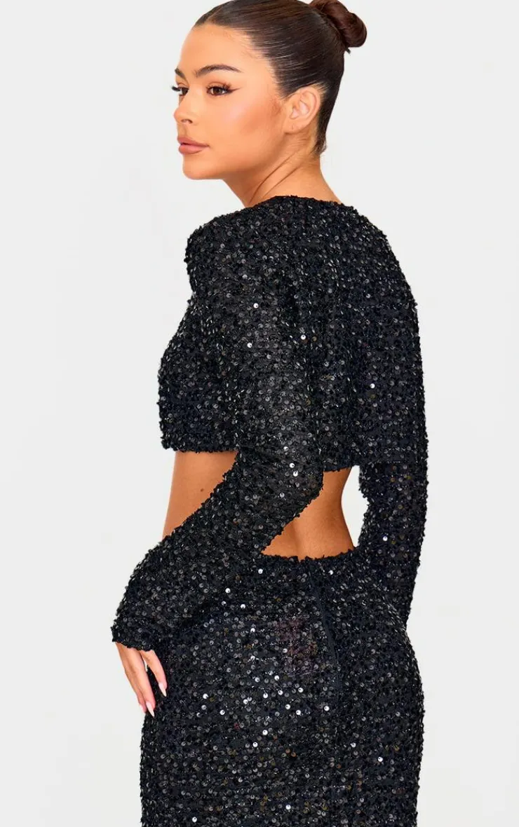 Best PrettyLittleThing Sequin Long Sleeve Button Up Cardigan Black