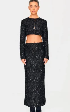 Best PrettyLittleThing Sequin Long Sleeve Button Up Cardigan Black
