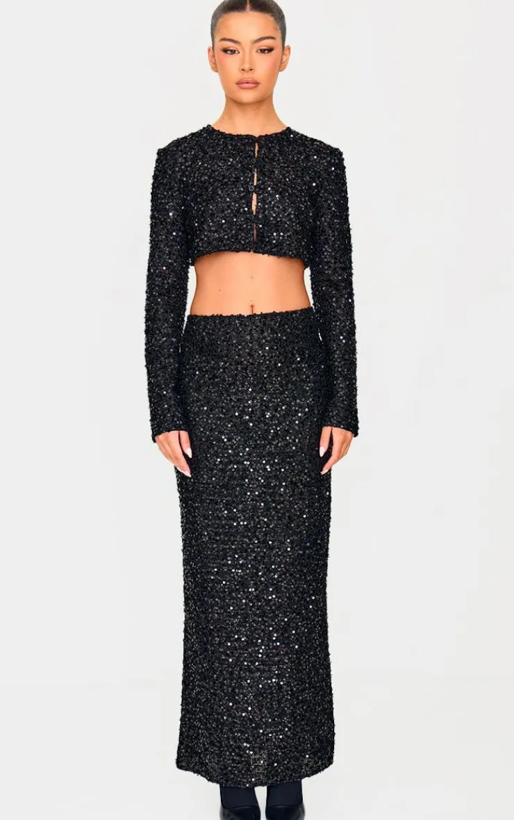 Best PrettyLittleThing Sequin Long Sleeve Button Up Cardigan Black