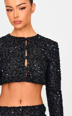 Best PrettyLittleThing Sequin Long Sleeve Button Up Cardigan Black