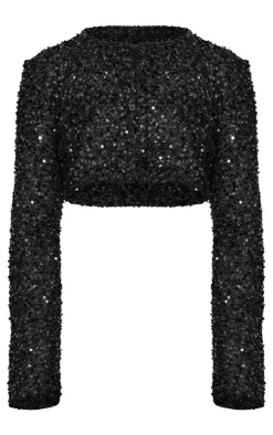 Best PrettyLittleThing Sequin Long Sleeve Button Up Cardigan Black
