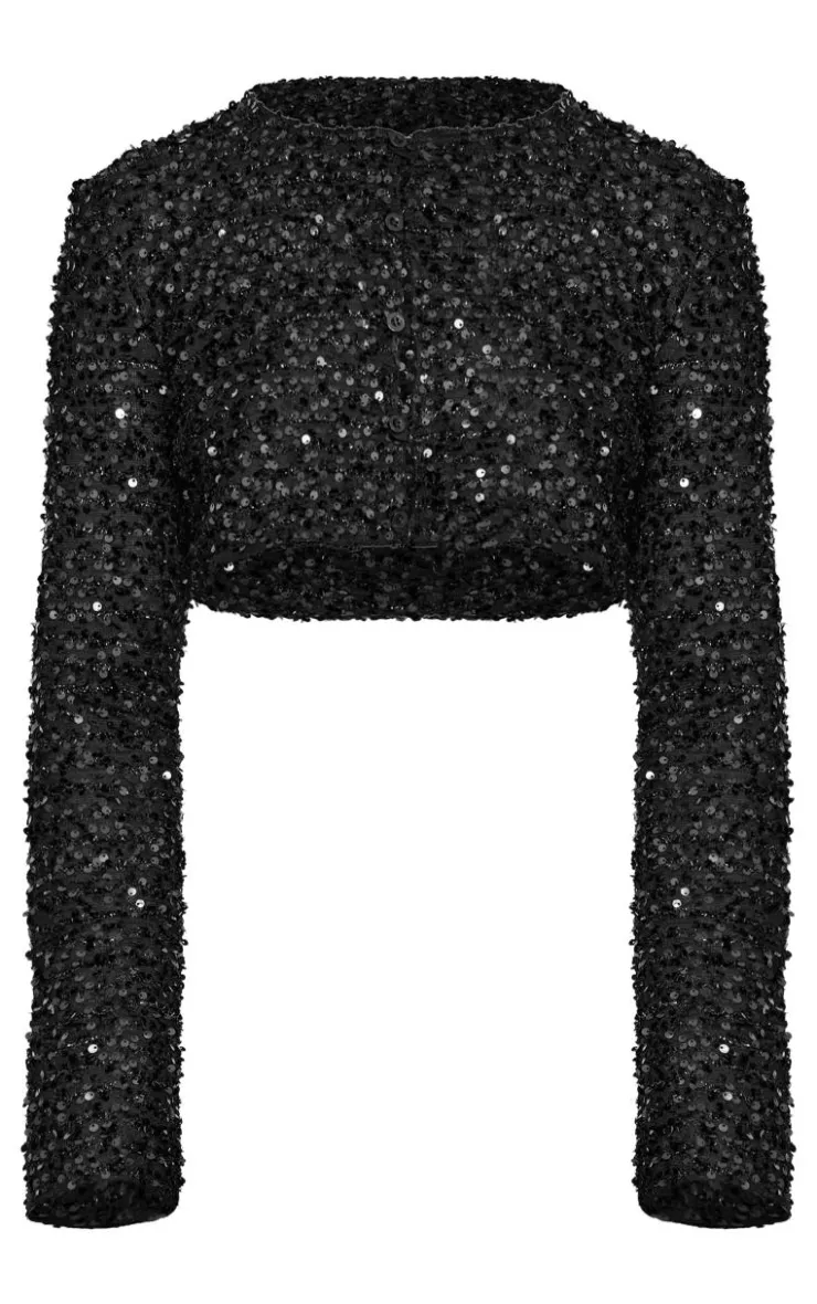 Best PrettyLittleThing Sequin Long Sleeve Button Up Cardigan Black