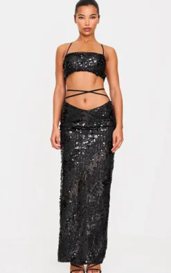 Discount PrettyLittleThing Sequin Low Rise Split Leg Maxi Skirt Black