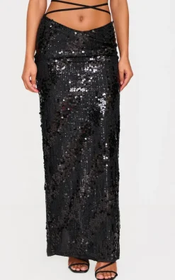 Discount PrettyLittleThing Sequin Low Rise Split Leg Maxi Skirt Black