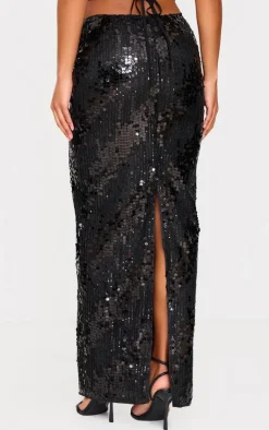 Discount PrettyLittleThing Sequin Low Rise Split Leg Maxi Skirt Black