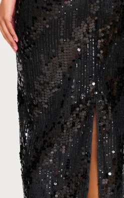 Discount PrettyLittleThing Sequin Low Rise Split Leg Maxi Skirt Black