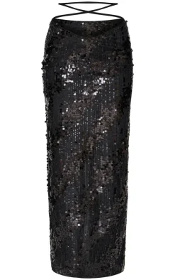 Discount PrettyLittleThing Sequin Low Rise Split Leg Maxi Skirt Black