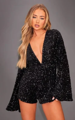PrettyLittleThing Christmas Day Outfits*Sequin Plunge Tie Flared Sleeve Romper