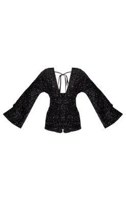 PrettyLittleThing Christmas Day Outfits*Sequin Plunge Tie Flared Sleeve Romper